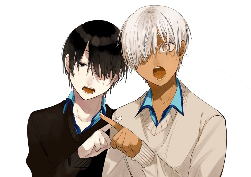 2boys 2girls black_eyes black_hair black_sweater brothers brown_eyes commentary crossed_fingers dark-skinned_male dark_skin hair_over_one_eye highres male_focus multiple_boys multiple_girls no_humans ogata_kou ogata_rin_(yohaji) open_mouth siblings simple_background sweater tanaka_mai twins white_background white_hair youkai_gakkou_no_sensei_hajimemashita!
