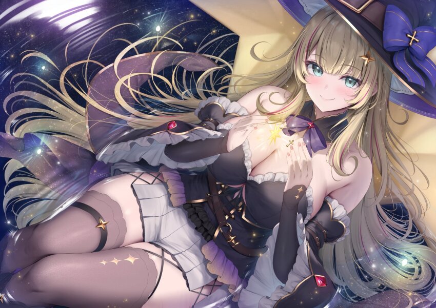 1girl bare_shoulders black_hat black_thighhighs blue_eyes bow bowtie breasts brown_hair cleavage closed_mouth commentary_request detached_sleeves fingernails hands_up hat hat_bow large_breasts long_hair looking_at_viewer nail_polish original purple_bow purple_bowtie sitting smile solo thighhighs tomoo_(tomo) very_long_hair