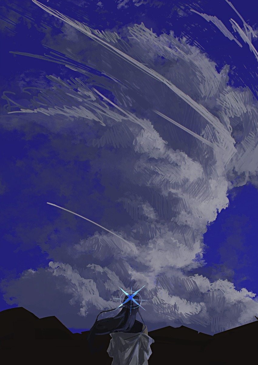 1girl absurdres baseball_cap black_hair black_shirt blue_archive blue_halo blue_sky cloud coat coat_partially_removed commentary_request cumulonimbus_cloud from_behind halo hat highres kani_etizen03 long_hair mountainous_horizon saori_(blue_archive) scenery shirt sky sleeveless sleeveless_shirt solo white_coat