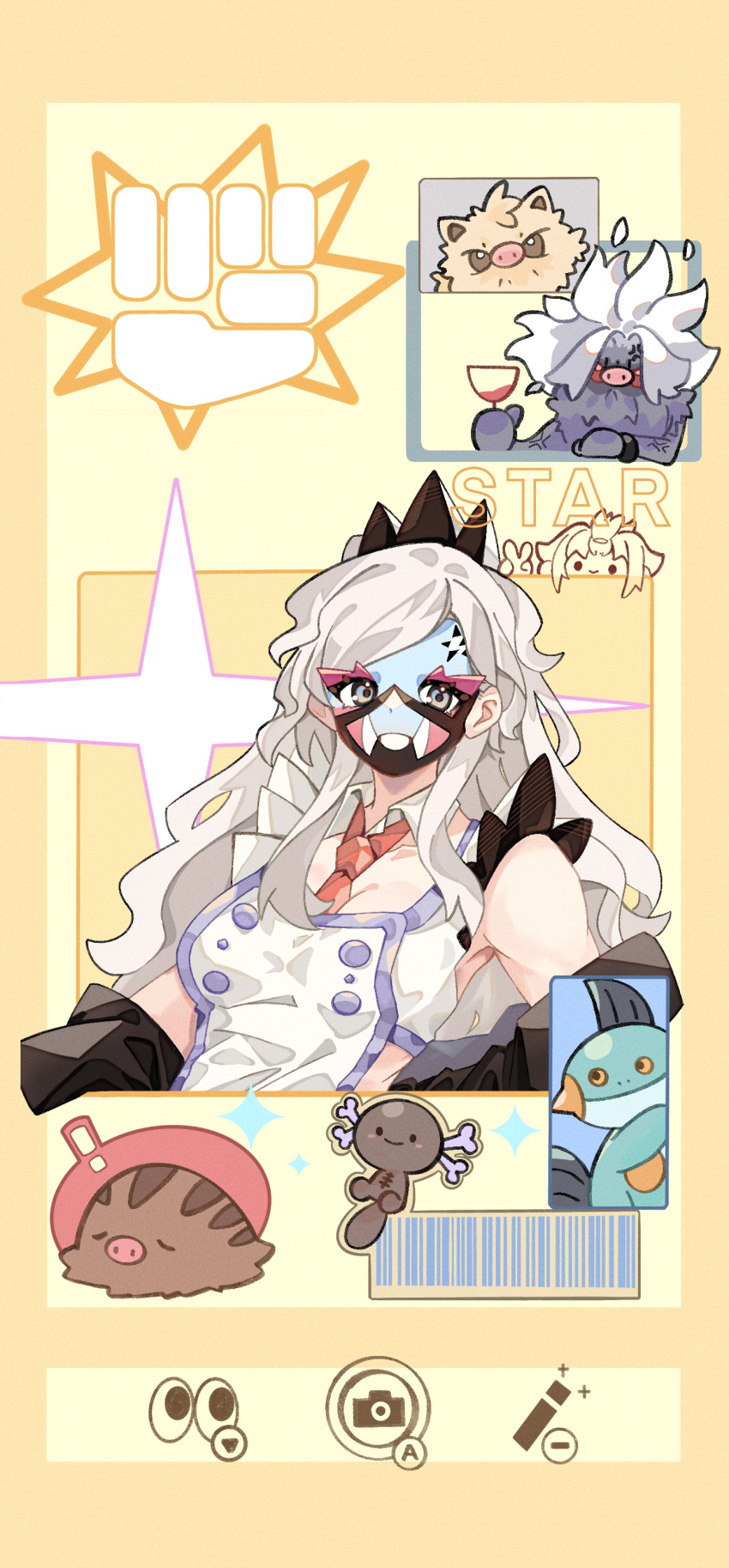 1girl absurdres annihilape blonde_hair breasts commentary creatures_(company) dafenpipixia detached_collar eri_(pokemon) facepaint game_freak gen_1_pokemon gen_2_pokemon gen_3_pokemon grey_eyes grin highres long_hair looking_at_viewer mankey marshtomp necktie nintendo orange_necktie paldean_wooper pokemon pokemon_(creature) pokemon_sv smile swinub team_star teeth vest white_vest