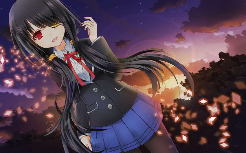 10s 1girl black_hair black_pantyhose black_shirt blue_skirt clock_eyes date_a_live female_focus heterochromia long_hair looking_at_viewer pantyhose pleated_skirt red_eyes school_uniform shirt skirt solo symbol-shaped_pupils tokisaki_kurumi yellow_eyes youda_(seravichacha)