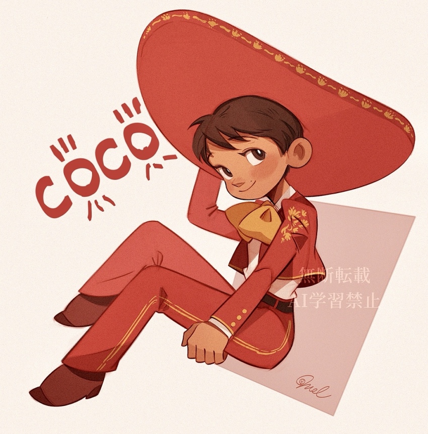 1boy brown_eyes brown_hair coco_(disney) copyright_name dark-skinned_male dark_skin hat jacket looking_at_viewer melchencanto mexican_clothes miguel_rivera open_clothes open_jacket pants red_hat red_jacket red_pants shirt short_hair signature sitting solo white_shirt