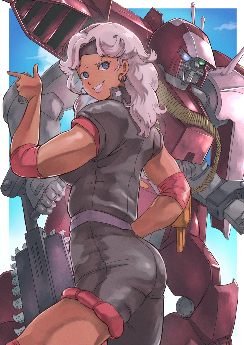 1girl absurdres bandolier belt blue_eyes blue_sky cloud commentary_request dark_skin earrings highres jewelry k_katora kikou_senki_dragonar lee_sue_min looking_at_viewer looking_back machinery mecha pink_hair pink_lips pointing pointing_forward robot saw science_fiction shorts sky smile stark_deins vest