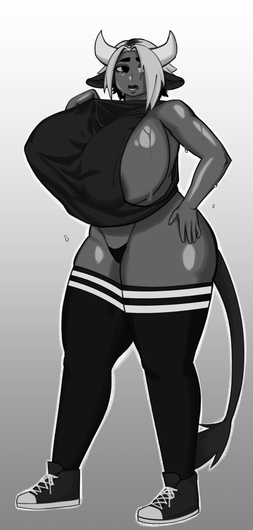 1girl absurdres animal_ears areola_slip armorv1 bare_shoulders black_eyes breasts cow_ears cow_girl cow_horns cow_tail female_focus gradient_background grey_background highres horns huge_breasts looking_at_viewer monochrome original panties shiny_skin sideboob solo sweat tail thick_thighs thighhighs thighs underwear wide_hips