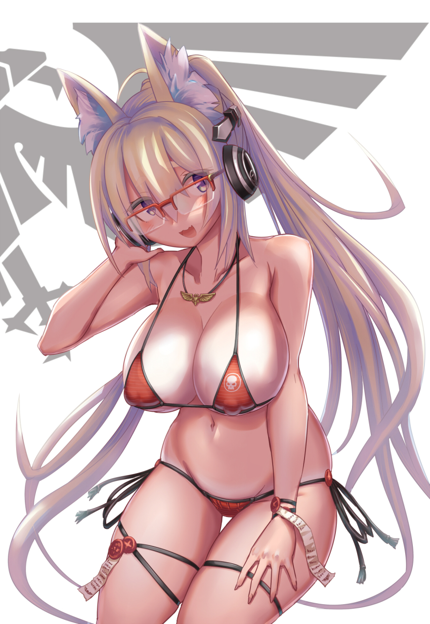 1girl :d animal_ear_fluff bikini blonde_hair breasts covered_erect_nipples cowboy_shot female_focus glasses halterneck headphones highres imperium_of_man jewelry large_breasts legs_together micro_bikini navel necklace open_mouth original purity_seal red-framed_eyewear semi-rimless_eyewear serizawa_(knight2020) side-tie_bikini_bottom smile solo swimsuit thigh_gap thigh_strap warhammer_40k