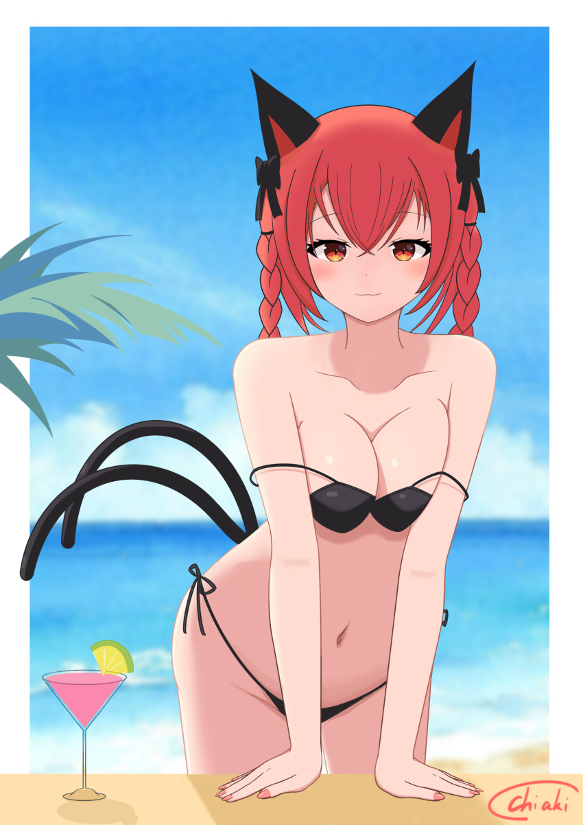 1girl absurdres animal_ears bikini black_bikini blue_sky blurry blurry_background blush breasts cat_ears cat_girl cat_tail chiaki_koizumi cleavage closed_mouth cloud collarbone cup drinking_glass highres kaenbyou_rin large_breasts looking_at_viewer medium_hair multiple_tails navel nekomata outdoors red_eyes red_hair signature sky solo swimsuit tail touhou two_tails variant_set