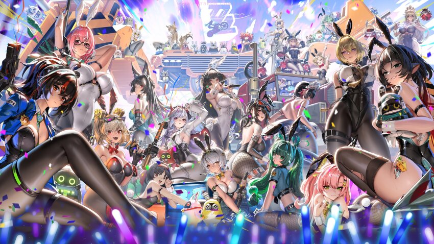 6+girls animal_ears astra_yao bangboo_(zenless_zone_zero) black_hair black_leotard burnice_white character_request ellen_joe evelyn_chevalier glasses grace_howard green_hair group_picture highres leotard liang_xing long_hair missing_commentary motor_vehicle motorcycle multicolored_hair multiple_girls nicole_demara pink_hair playboy_bunny rabbit_ears red_hair semi-rimless_eyewear short_hair twintails two-tone_hair under-rim_eyewear vivian_(zenless_zone_zero) white_leotard zenless_zone_zero
