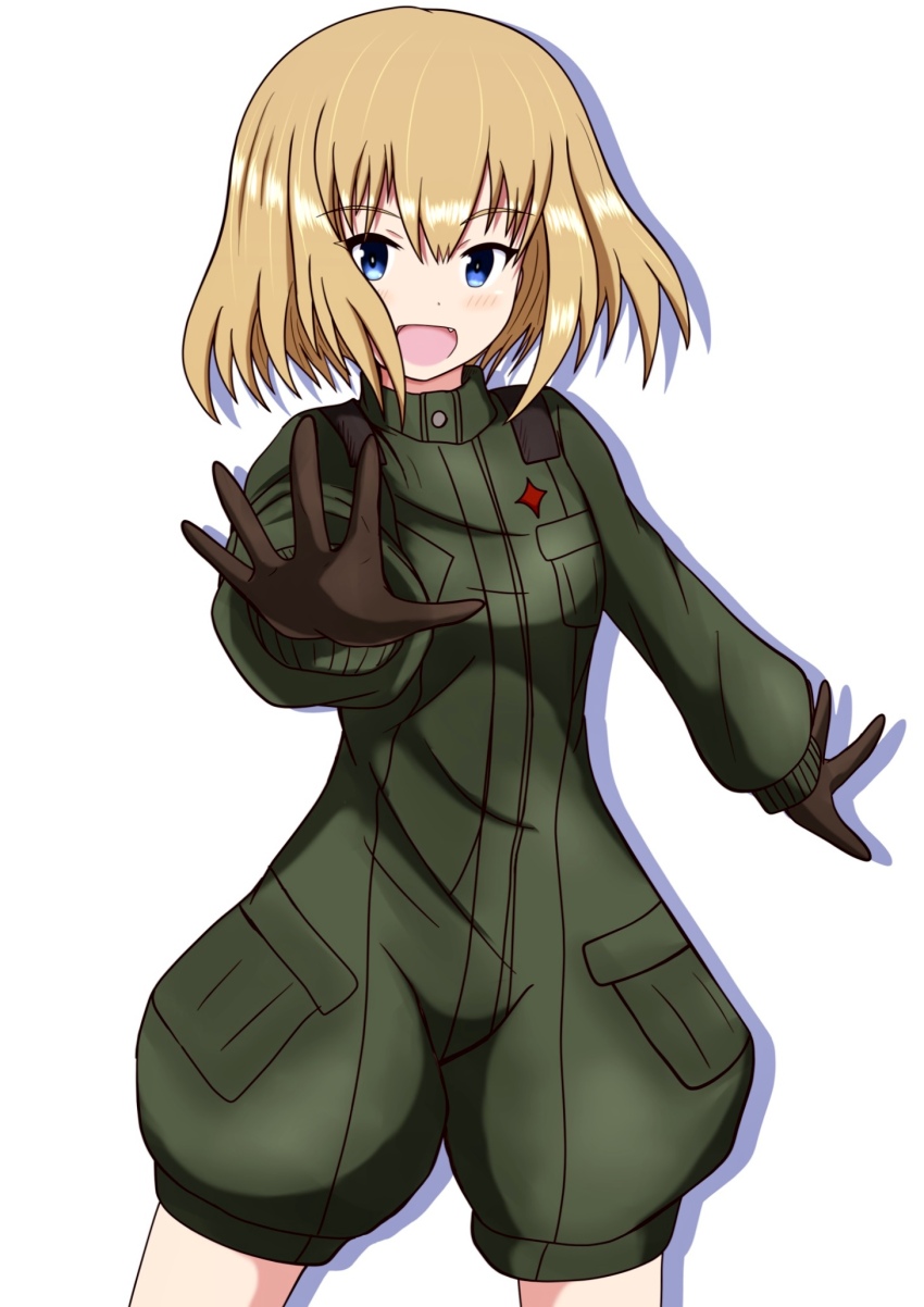 1girl :d black_gloves blonde_hair blue_eyes bob_cut commentary cowboy_shot fang girls_und_panzer gloves green_jumpsuit highres jumpsuit katyusha_(girls_und_panzer) looking_at_viewer meiya open_mouth pravda_military_uniform reaching reaching_towards_viewer shadow short_hair short_jumpsuit simple_background smile solo standing white_background