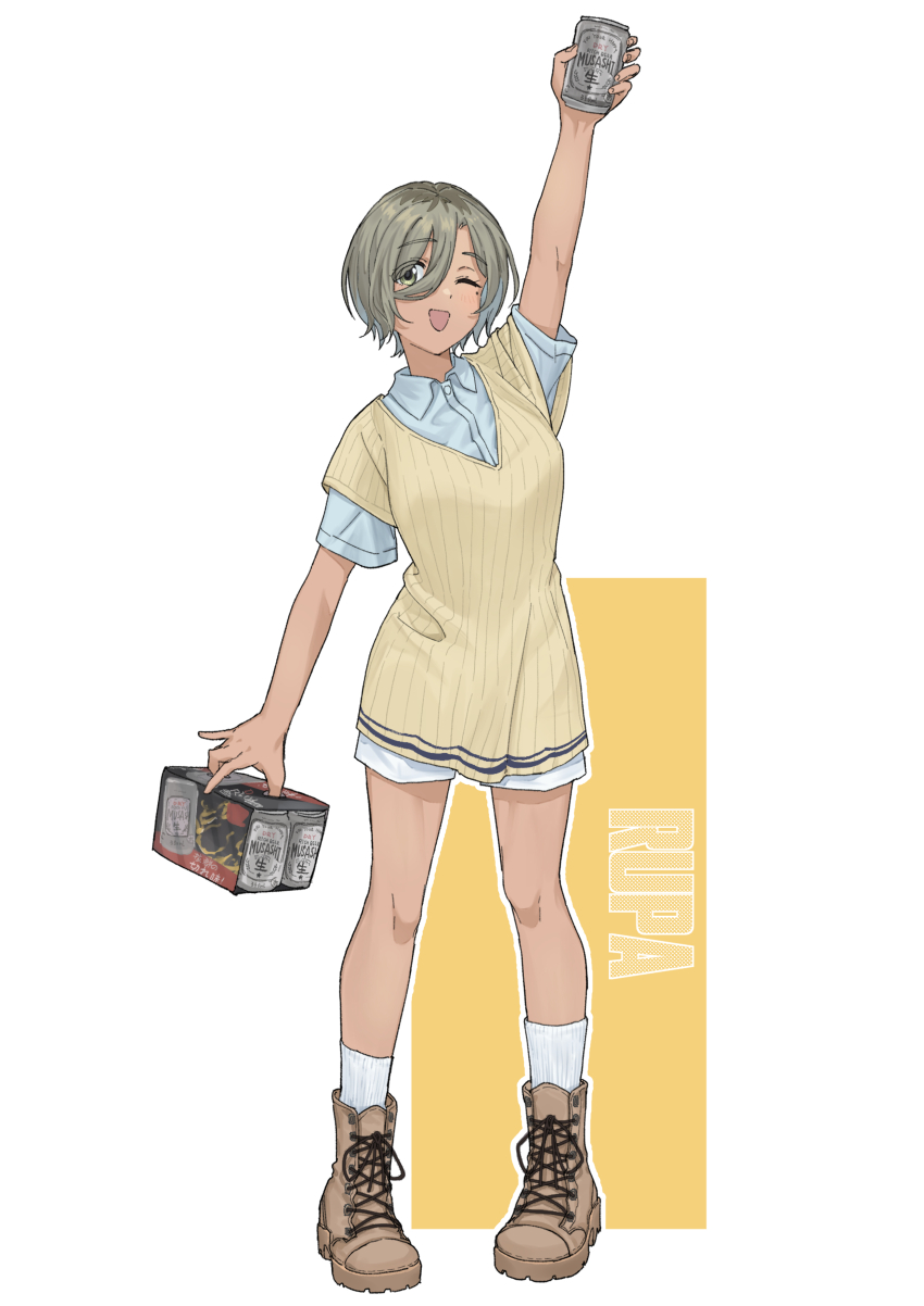 1girl absurdres arm_up asahi_breweries beer_can blue_shirt boots brand_name_imitation brown_boots brown_eyes brown_hair brown_sweater_vest can character_name collared_shirt commentary dress_shirt drink_can full_body girls_band_cry hair_between_eyes highres joker_(jjjokerrr233) long_hair_between_eyes looking_at_viewer mole mole_under_eye multicolored_hair one_eye_closed open_mouth outline roots_(hair) rupa_(girls_band_cry) shirt short_sleeves shorts socks solo sweater_vest white_background white_outline white_shorts white_socks