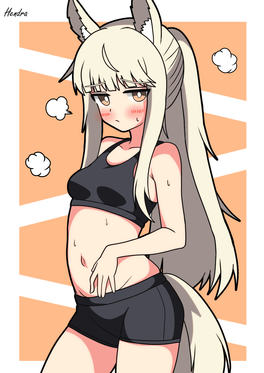 1girl absurdres animal_ears arknights black_sports_bra blush breasts hendra highres horse_ears horse_girl horse_tail long_hair looking_at_viewer navel platinum_(arknights) shorts small_breasts solo sports_bra tail