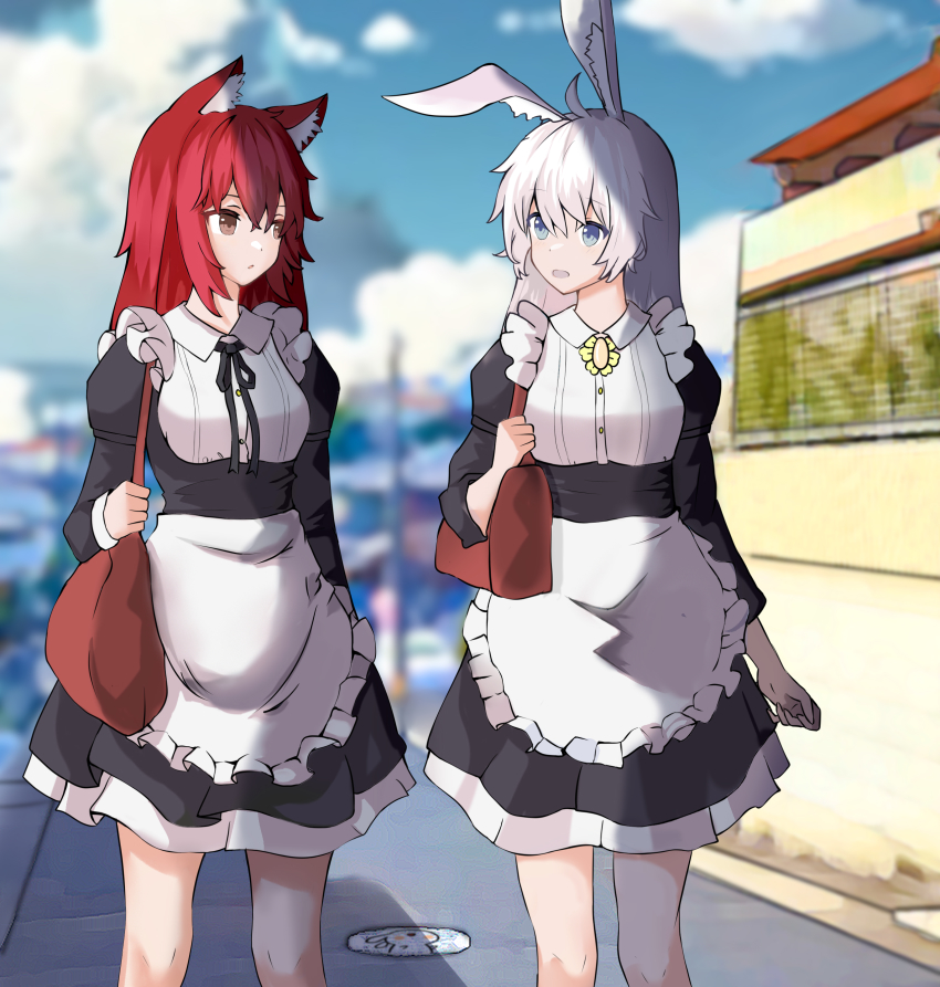 2girls absurdres animal_ears apron bag blue_eyes brown_eyes dress highres juliet_sleeves long_hair long_sleeves looking_at_another maid multiple_girls neck_ribbon open_mouth original paheide_guang puffy_sleeves rabbit_ears rabbit_girl red_hair ribbon shoulder_bag uniform waist_apron white_hair wolf_ears wolf_girl