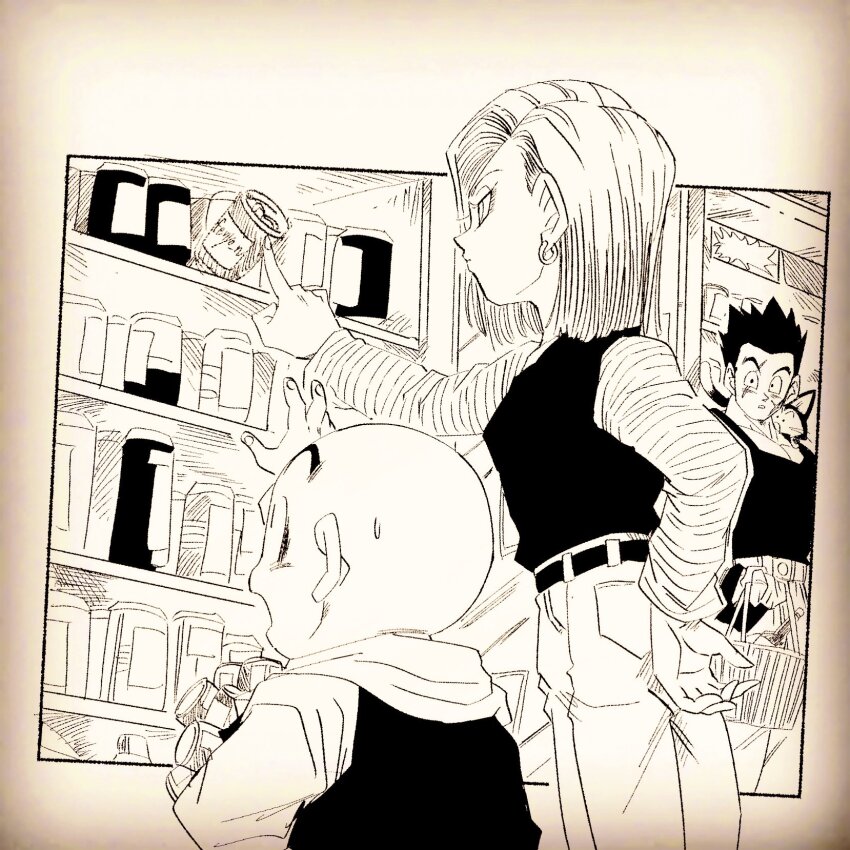 1girl 3boys android_18 bald bald_male couple dragon_ball fenyon height_difference highres husband_and_wife kuririn multiple_boys puar shopping toriyama_akira_(style) yamcha