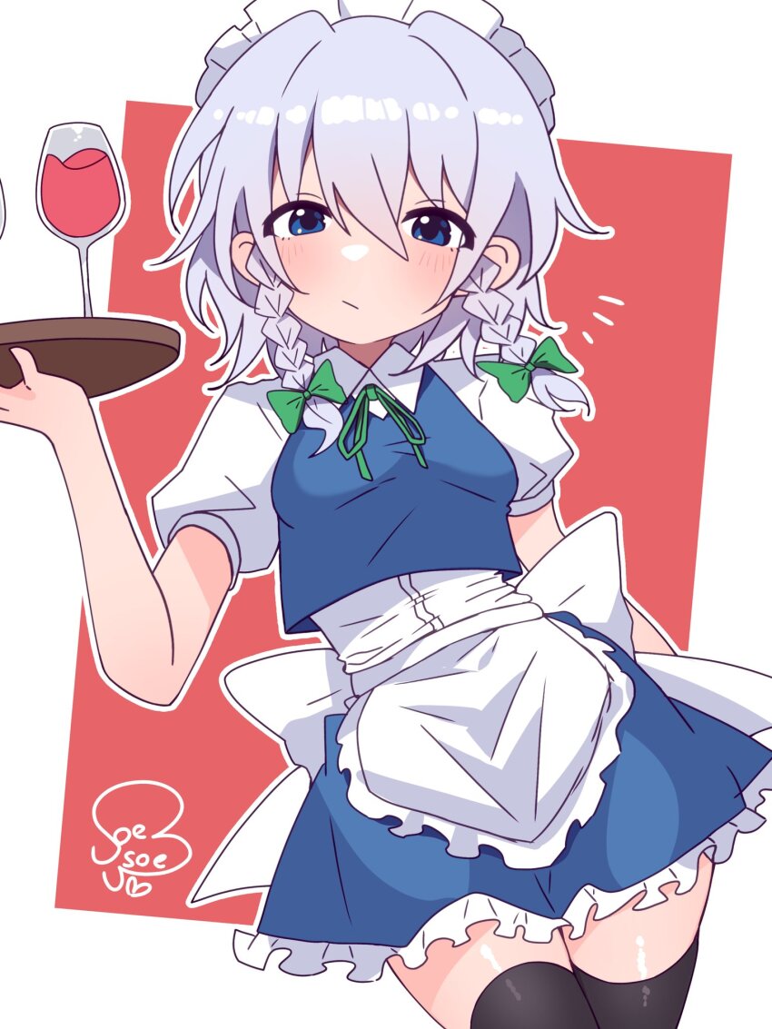 apron black_thighhighs blue_eyes bow braid braided_sidelock commentary frilled_apron frilled_headwear frills glass green_bow highres holding holding_tray izayoi_sakuya looking_at_viewer maid maid_apron maid_headdress outline puffy_short_sleeves puffy_sleeves short_sleeves signature soesoe300 thighhighs touhou tray twin_braids white_hair white_headdress white_outline