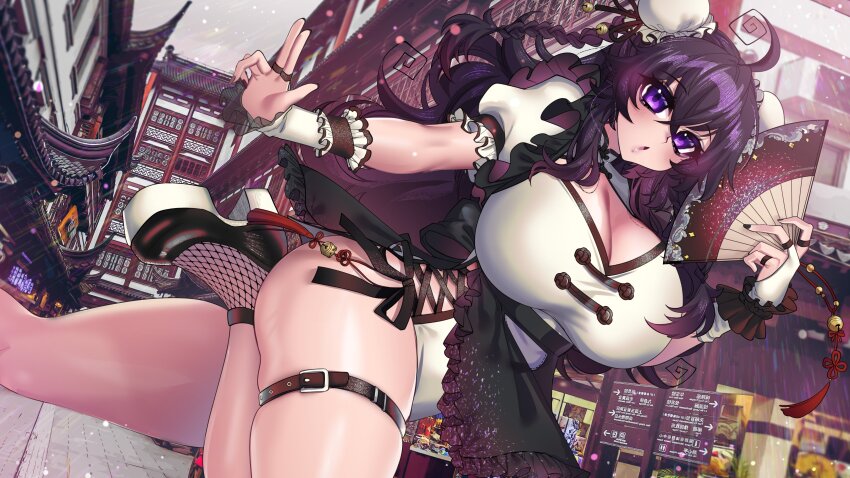 1girl :o absurdres ahoge apron architecture black_nails breasts china_dress chinese_clothes cleavage commentary_request crawling_dreams double_bun dress dutch_angle east_asian_architecture fingerless_gloves gloves hair_bun hand_fan highres huge_breasts leg_up long_hair maid maid_apron nyarla_(osiimi) osiimi purple_eyes purple_hair solo thick_thighs thighs tongue white_gloves