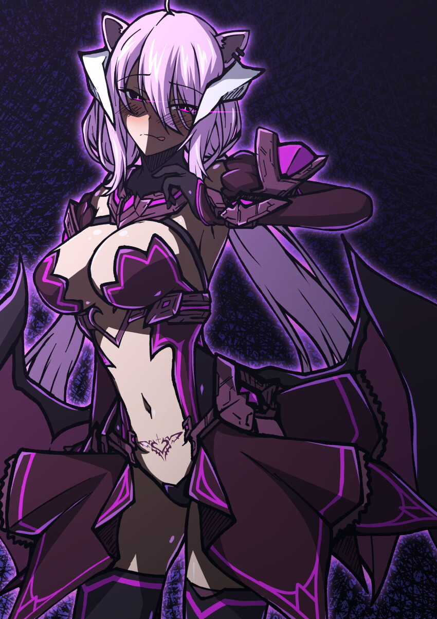 1girl absurdres ahoge alternate_costume animal_ears aoi_tabane black_gloves black_thighhighs blush breasts cleavage corruption cosplay dark_persona demon_girl demon_horns elbow_gloves gloves glowing glowing_eyes hair_between_eyes highres hololive horns kouyoku_senki_exs-tia large_breasts lilistia long_hair looking_at_viewer low_wings navel pubic_tattoo purple_eyes purple_hair revealing_clothes shishiro_botan smile solo stomach_tattoo tattoo thighhighs tongue tongue_out twintails very_long_hair virtual_youtuber white_horns wings