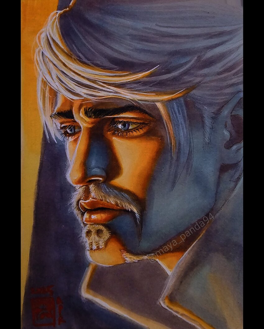 1boy artist_name beard blue_eyes facial_hair hair_ornament high_collar highres jojo_no_kimyou_na_bouken looking_to_the_side male_focus maya_panda mustache portrait realistic ringo_roadagain skull_hair_ornament solo steel_ball_run swept_bangs thick_mustache three_quarter_view traditional_media white_hair