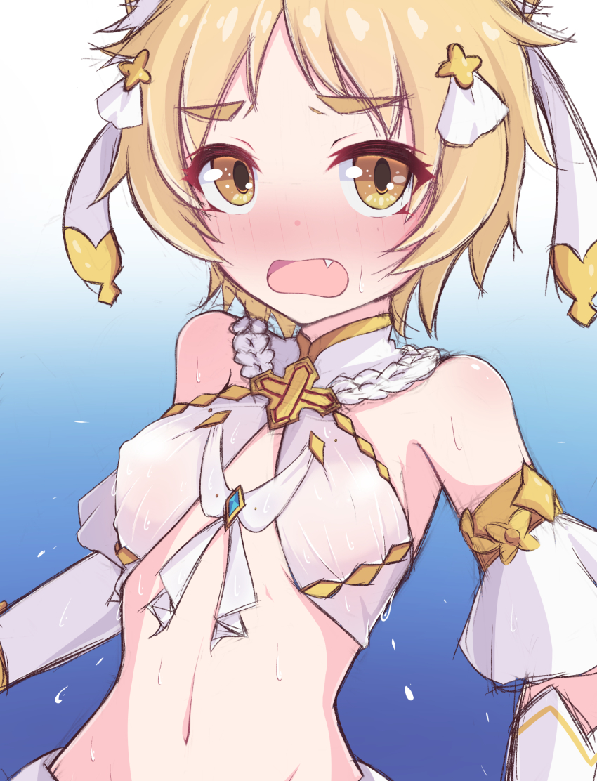 1girl absurdres bare_shoulders blonde_hair blue_background blush breasts cleavage commentary_request cosplay criss-cross_halter dancer detached_sleeves embarrassed gradient_background hair_ornament halterneck highres kuroha_koudai matsuri_(princess_connect!) navel princess_connect! short_hair small_breasts solo upper_body yellow_eyes yui_(ceremonial)_(princess_connect!) yui_(princess_connect!) yui_(princess_connect!)_(cosplay)