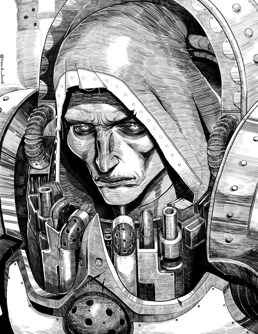 1boy absurdres armor artist_name black_sclera breastplate bright_pupils censer colored_sclera commentary death_guard english_commentary greyscale hatching_(texture) highres hood lizard_hand looking_at_viewer male_focus mask monochrome mortarion open_mouth pauldrons power_armor primarch respirator serious shoulder_armor sunken_cheeks teeth tube upper_teeth_only warhammer_40k white_background white_pupils