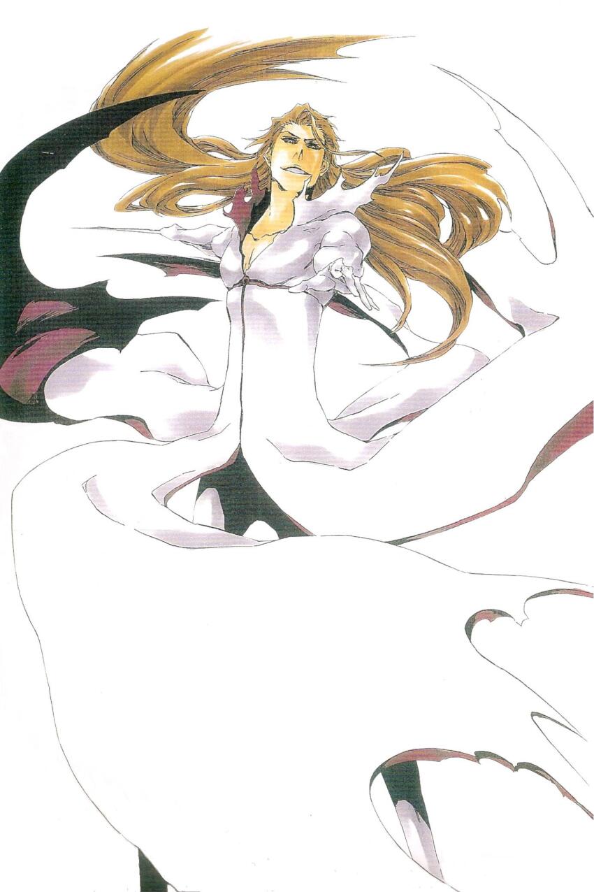 00s 1boy aizen_sousuke arm_blade blade bleach brown_hair colored_sclera floating_clothes floating_hair grin highres kubo_tite living_clothes long_hair looking_at_viewer non-web_source official_art pectorals purple_sclera scan simple_background smile solo sword weapon white_background