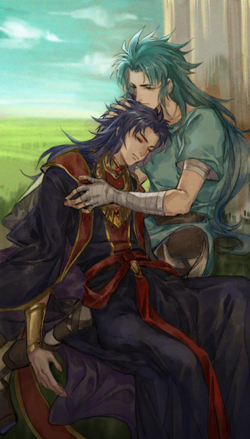 2boys arm_wrap black_robe black_sleeves blue_tunic brothers cassock chin_rest closed_eyes closed_mouth cloud feet_out_of_frame gem gemini_kanon gemini_saga gold_bracer gold_collar grass green_eyes green_hair hand_on_another&#039;s_chest hand_on_another&#039;s_head head_on_head head_rest highres hug knee_pads long_hair long_sleeves looking_down male_focus multiple_boys outdoors pants parted_bangs plain reclining red_gemstone red_sash robe saint_seiya sash shileif33 short_sleeves siblings sidelocks sitting sky tree tunic twins waist_sash white_pants wide_sleeves yaoi