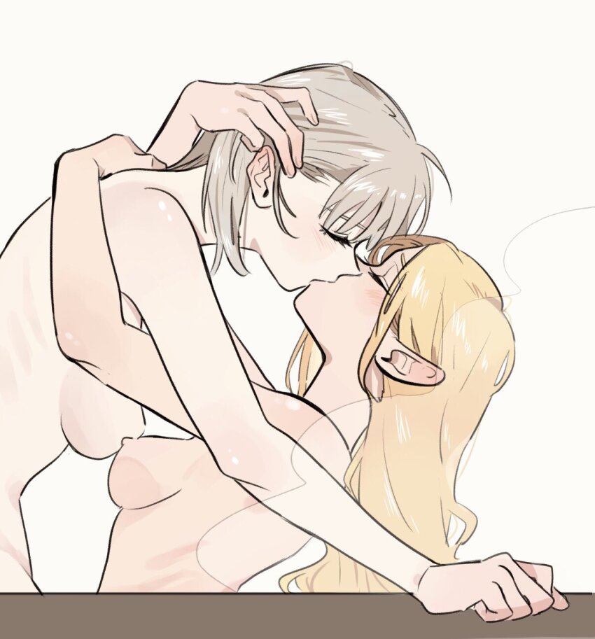 2girls blonde_hair breasts closed_eyes completely_nude dungeon_meshi falin_touden grey_hair highres hug kiss knightym22 long_hair marcille_donato medium_hair multiple_girls nipples nude pointy_ears simple_background small_breasts white_background yuri