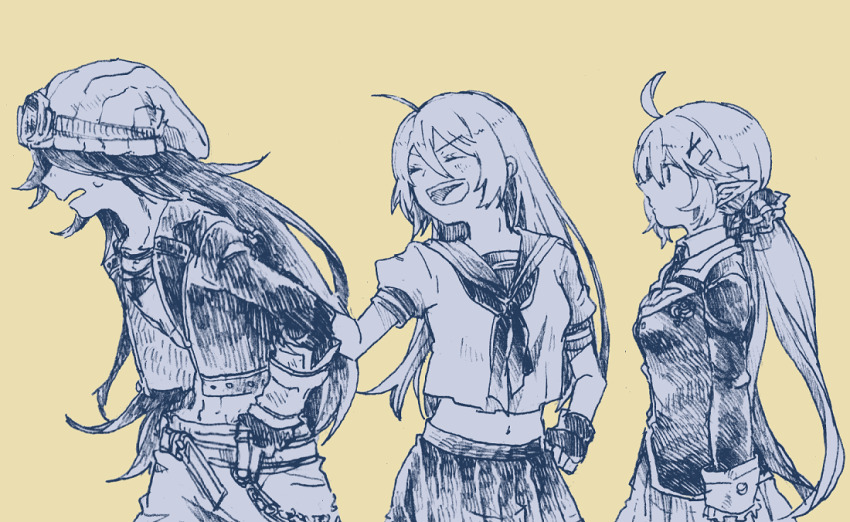 1boy 2girls :d ahoge another_eden arms_at_sides beanie belt blazer blush breasts closed_eyes collarbone commentary_request cowboy_shot cropped_jacket cropped_shirt double-parted_bangs facing_to_the_side fingerless_gloves foran_(another_eden) from_side gloves goggles goggles_on_head greyscale_with_colored_background hair_between_eyes hair_ornament hair_scrunchie hairclip hand_on_another&#039;s_back hand_on_own_hip hand_up hat hatching_(texture) jacket jewelry laughing leaning_forward linear_hatching long_hair long_pointy_ears long_sleeves looking_ahead low_twintails medium_breasts michibata_65 midriff multiple_girls navel neckerchief necklace open_clothes open_jacket open_mouth pants pleated_skirt pointy_ears profile ruina_(another_eden) sailor_collar school_uniform scrunchie serafuku sevyn_(another_eden) shirt short_sleeves sidelocks simple_background skirt smile standing sweatdrop teeth thumb_in_beltline turning_head twintails upper_teeth_only v-shaped_eyebrows vambraces very_long_hair wallet_chain yellow_background