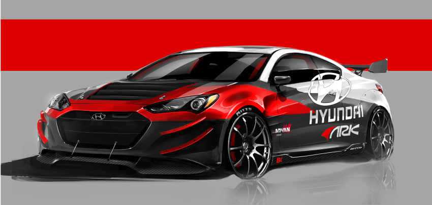absurdres advan artist_request car commentary english_commentary grey_background highres hyundai hyundai_genesis_coupe motor_vehicle no_humans official_art original race_vehicle racecar reflective_floor shadow spoiler_(automobile) sponsor sports_car vehicle_focus