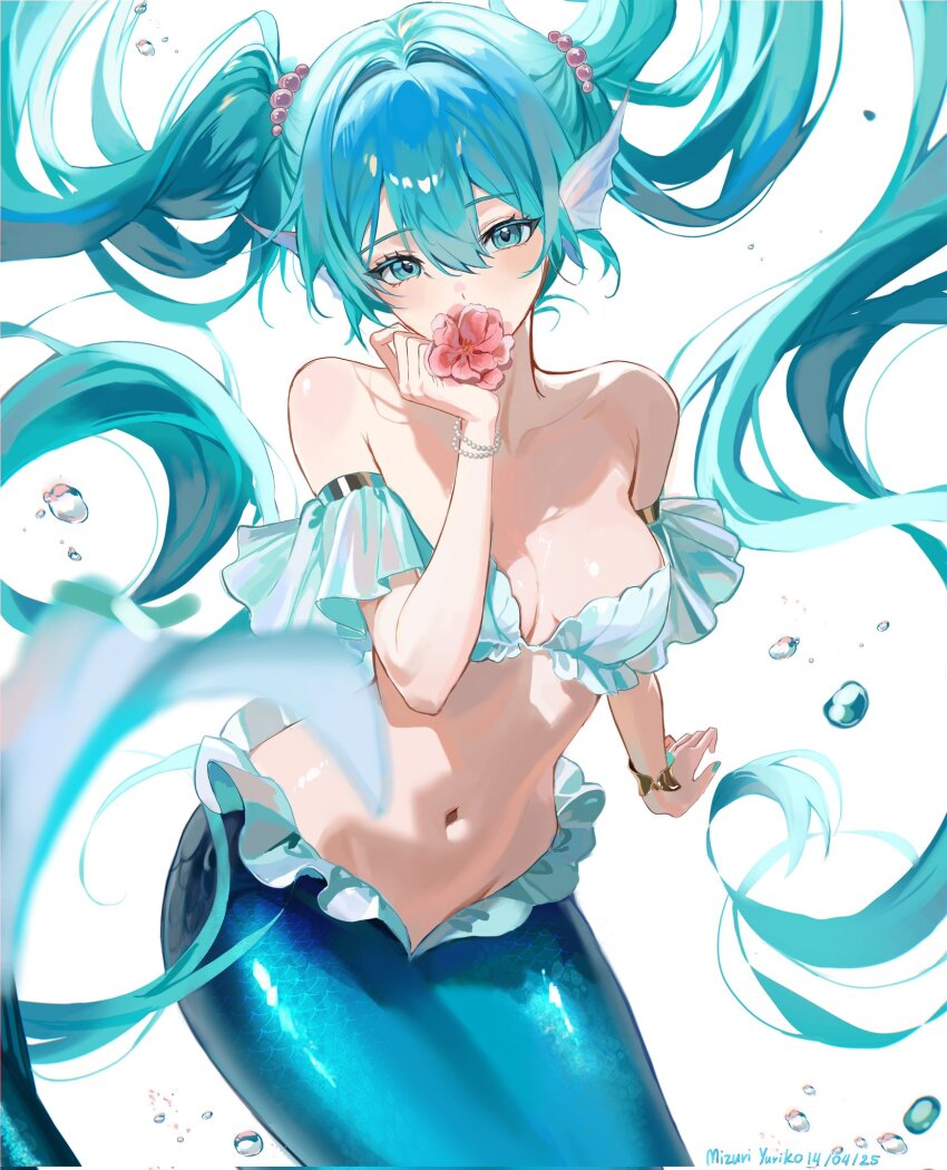 1girl aqua_eyes aqua_hair beads blush breasts flower flower_in_mouth hair_beads hair_ornament hatsune_miku highres long_hair medium_breasts mermaid mizuri_yuriko monster_girl mouth_hold navel shell shell_bikini solo stomach twintails very_long_hair vocaloid white_background