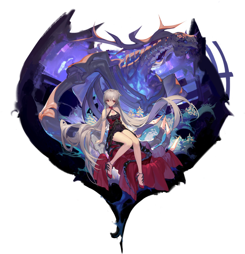 1girl absurdly_long_hair artist_request azur_lane black_bow black_dress bow breasts check_artist choker cleavage dress evening_gown full_body halterneck high_heels highres huanxiang_heitu long_dress long_hair mechanical_tail montpelier_(azur_lane) montpelier_(persephone&#039;s_throne)_(azur_lane) official_alternate_costume official_art red_choker red_dress red_eyes red_footwear silver_hair sleeveless sleeveless_dress small_breasts solo tail transparent_background two-tone_dress very_long_hair