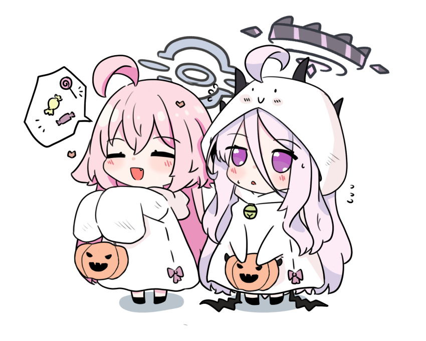2girls ahoge bell blue_archive chibi chibi_only closed_eyes commentary demon_horns e_v_e_neko food ghost_costume grey_halo hair_between_eyes halloween halloween_costume halo highres hina_(blue_archive) horns hoshino_(blue_archive) long_hair multiple_girls open_mouth pink_hair purple_eyes purple_halo simple_background speech_bubble spoken_object symbol-only_commentary white_background
