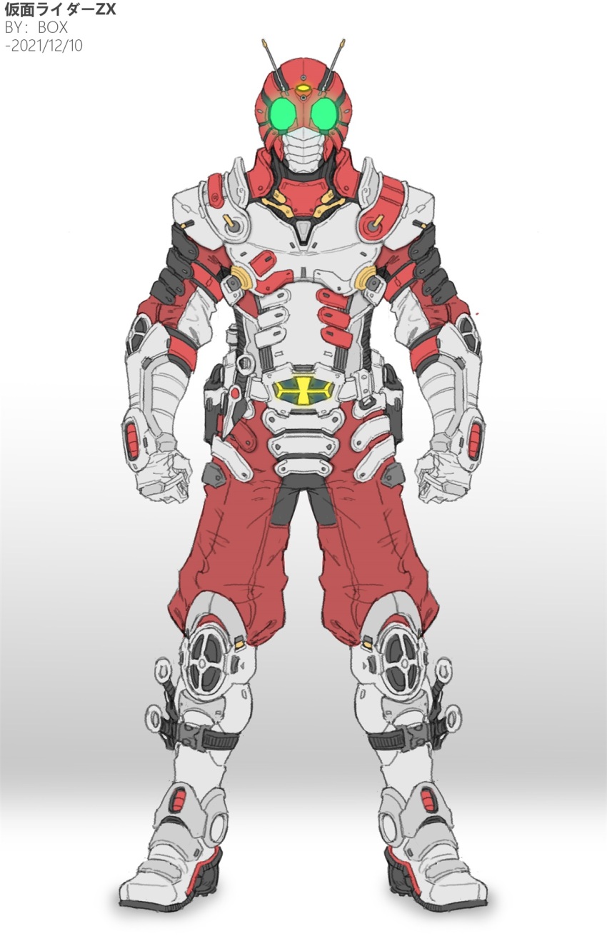 antennae armor armored_boots boots chinese_commentary commentary_request full_body gauntlets glowing glowing_eyes green_eyes highres kamen_rider kamen_rider_zx male_focus mask pants red_armor red_mask red_pants shoulder_armor simple_background solo standing white_armor white_background white_boots xiangzi_box