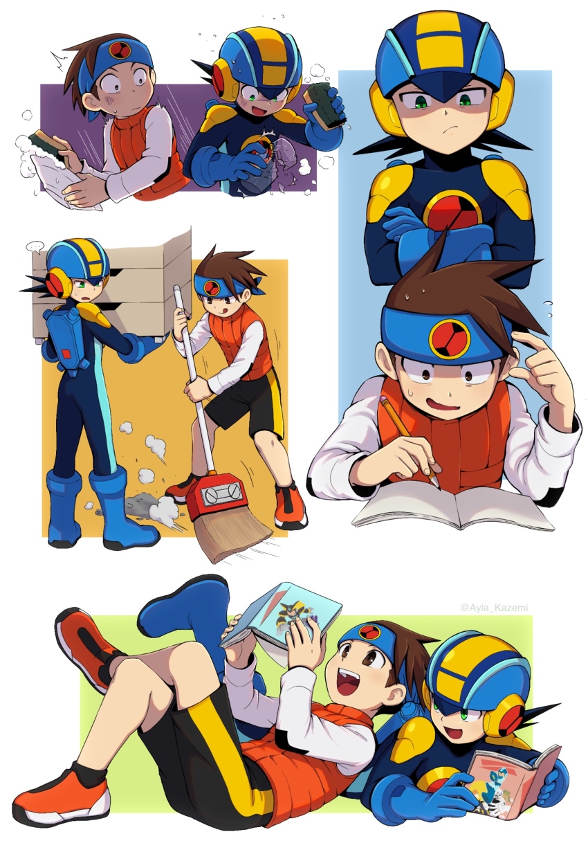 2boys ayla_kazemi bass_(mega_man) black_hair black_socks blue_bodysuit blue_footwear blue_headband blue_helmet bodysuit book boots broom brown_eyes brown_hair crossed_arms fingernails green_eyes headband helmet highres holding holding_book holding_broom holding_pencil lan_hikari_(mega_man) legs long_sleeves male_focus mega_man_(character) mega_man_(classic) mega_man_(series) mega_man_battle_network_(series) mega_man_megamix megaman.exe multiple_boys netnavi orange_shoes orange_vest pencil plate shoes short_hair shorts simple_background skull_man smile socks spiked_hair surprised sweatdrop teeth upper_teeth_only vest white_background