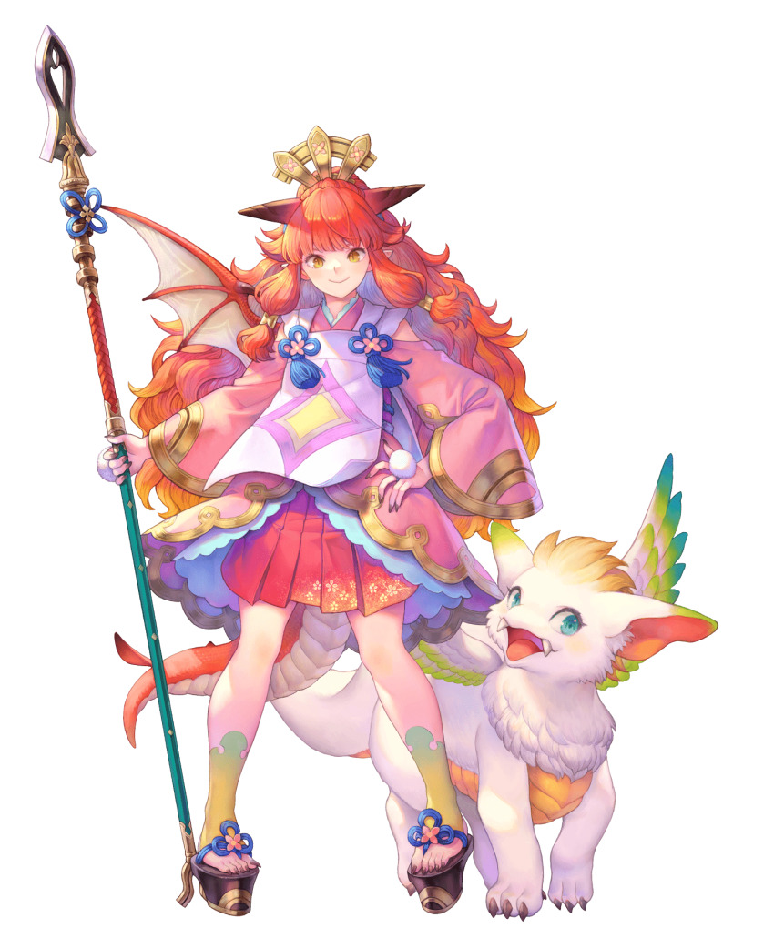1girl apron careena_(visions_of_mana) creature crown dragon_girl dragon_horns dragon_tail dragon_wings fangs full_body gradient_hair haccan highres holding holding_polearm holding_weapon horns long_hair looking_at_viewer multicolored_hair official_art orange_eyes orange_hair platform_clogs platform_footwear polearm ramcoh_(visions_of_mana) red_hair sandals second-party_source seiken_densetsu single_wing skirt slit_pupils smile tail transparent_background visions_of_mana wavy_hair weapon wings