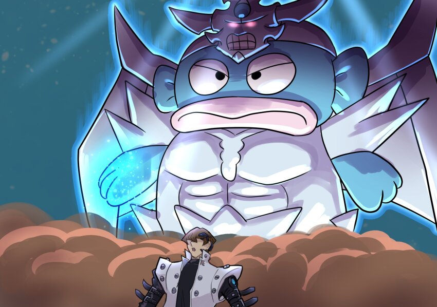 1boy brown_hair closed_mouth coat cosplay crossover go_madare hangyodon highres kaiba_seto kero_kero_keroppi male_focus mask mask_on_head obelisk_the_tormentor open_mouth red_eyes sanrio shirt short_hair smoke white_coat yu-gi-oh! yu-gi-oh!_duel_monsters