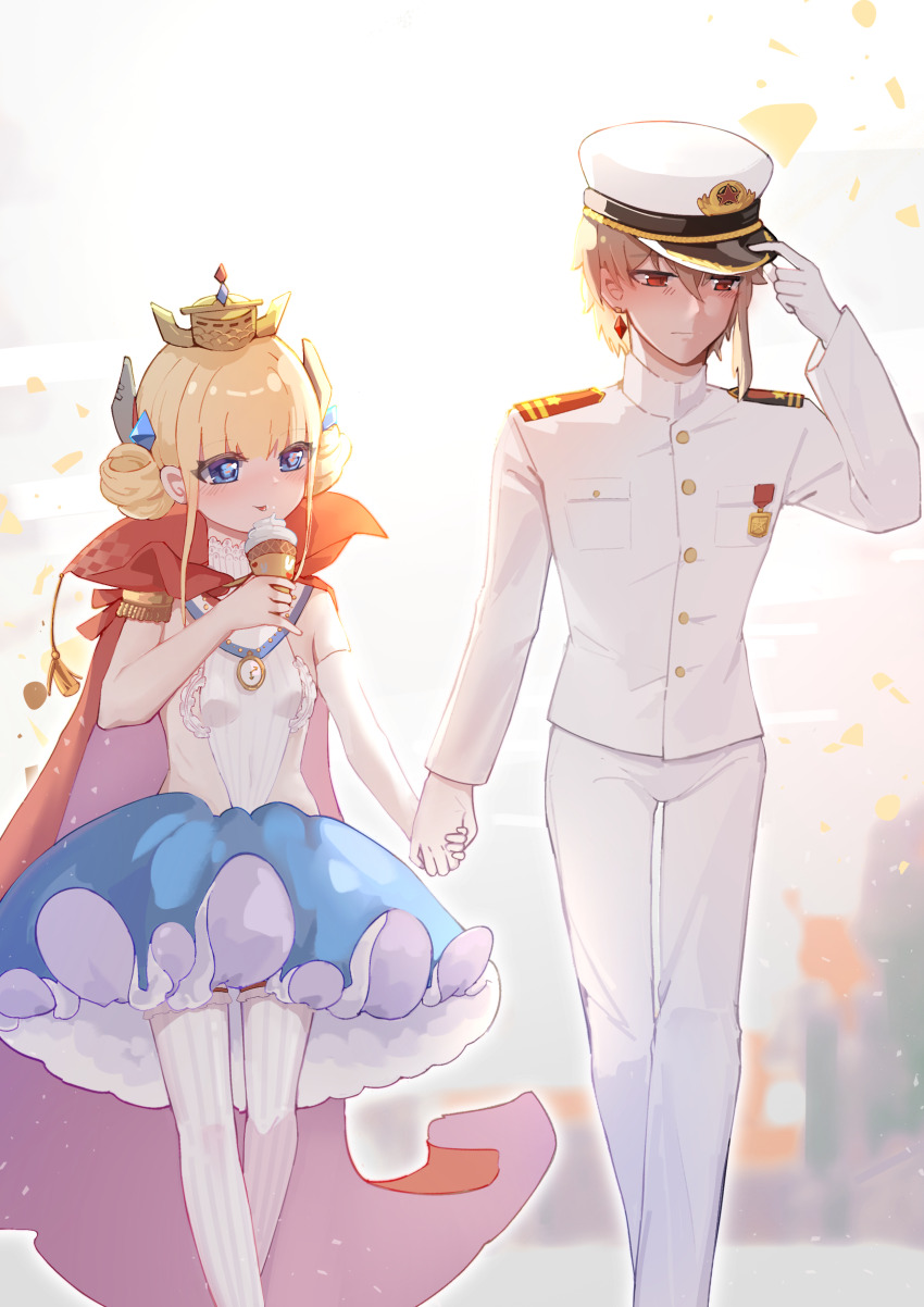 absurdres azur_lane blonde_hair blue_eyes blue_skirt cape commander_(azur_lane) dhy-232 earrings eating embarrassed food gloves hair_ornament hat highres holding holding_food holding_hands holding_ice_cream ice_cream ice_cream_cone jewelry le_triomphant_(azur_lane) long_sleeves looking_to_the_side military_uniform peaked_cap red_cape red_eyes skirt white_gloves
