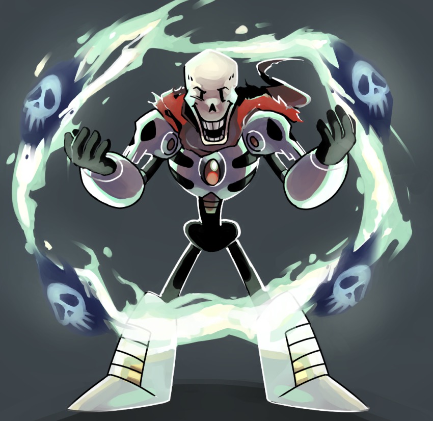 cape grey_background looking_at_viewer mega_man_(classic) mega_man_(series) mega_man_4 no_humans numbers_(pigpenandpaper) open_mouth papyrus_(undertale) parody skeleton skull_man solo teeth trait_connection undertale