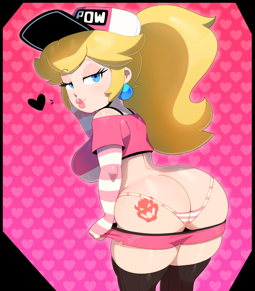 1girl ass ass_tattoo back baseball_cap black_hat black_thighhighs blonde_hair blue_eyes bowser_logo bowser_tattoo breasts butt_crack closed_mouth clothes_pull crop_top curvy earrings eyelashes from_behind from_side half-closed_eyes hand_on_own_cheek hand_on_own_face hand_up hat hat_writing heart heart_background highleg highleg_panties highres jewelry large_breasts leaning_forward lips long_hair long_sleeves looking_at_viewer looking_back mario_(series) micro_shorts motion_lines nintendo nose off-shoulder_shirt off_shoulder panties pink_background pink_hat pink_lips pink_shorts pink_sleeves ponytail princess_peach pulling_own_clothes seductive_smile shirt shorts shorts_pull shoulder_blades sideboob sidelocks skindentation smile solo somescrub standing striped_clothes striped_panties striped_sleeves sweat tattoo thick_lips thick_thighs thighhighs thighs underboob underwear whale_tail_(clothing) white_hat white_sleeves wide_hips