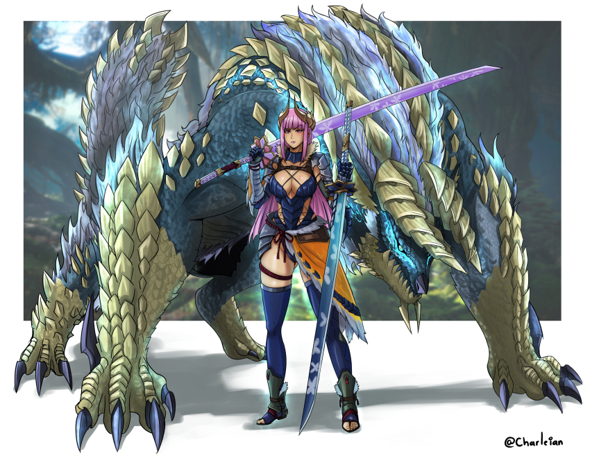 1girl armor blue_eyes breasts charleian claws cleavage dual_wielding electricity floral_print full_body gauntlets highres holding horn_ornament horns katana long_hair monster monster_hunter_(character) monster_hunter_(series) pink_hair reverse_bikini_armor reverse_outfit scales spiked_tail sword tail teeth thighhighs tiara weapon zinogre zinogre_(armor)