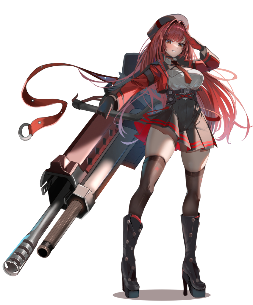 :d beret blush boots breasts cleavage_cutout clothing_cutout collar cropped_jacket detached_collar eyebrows_hidden_by_hair full_body gloves goddess_of_victory:_nikke gun hair_intakes hat high_heel_boots high_heels highres holding holding_gun holding_weapon jacket large_breasts long_hair machine_gun momdy_(talesshinja) muzzle_device necktie open_clothes open_jacket open_mouth pleated_skirt rapi_(nikke) rapi_(red_hood)_(nikke) red_hair red_jacket red_necktie salute simple_background skindentation skirt smile spoilers swept_bangs thighhighs two-tone_gloves weapon white_background yellow_eyes