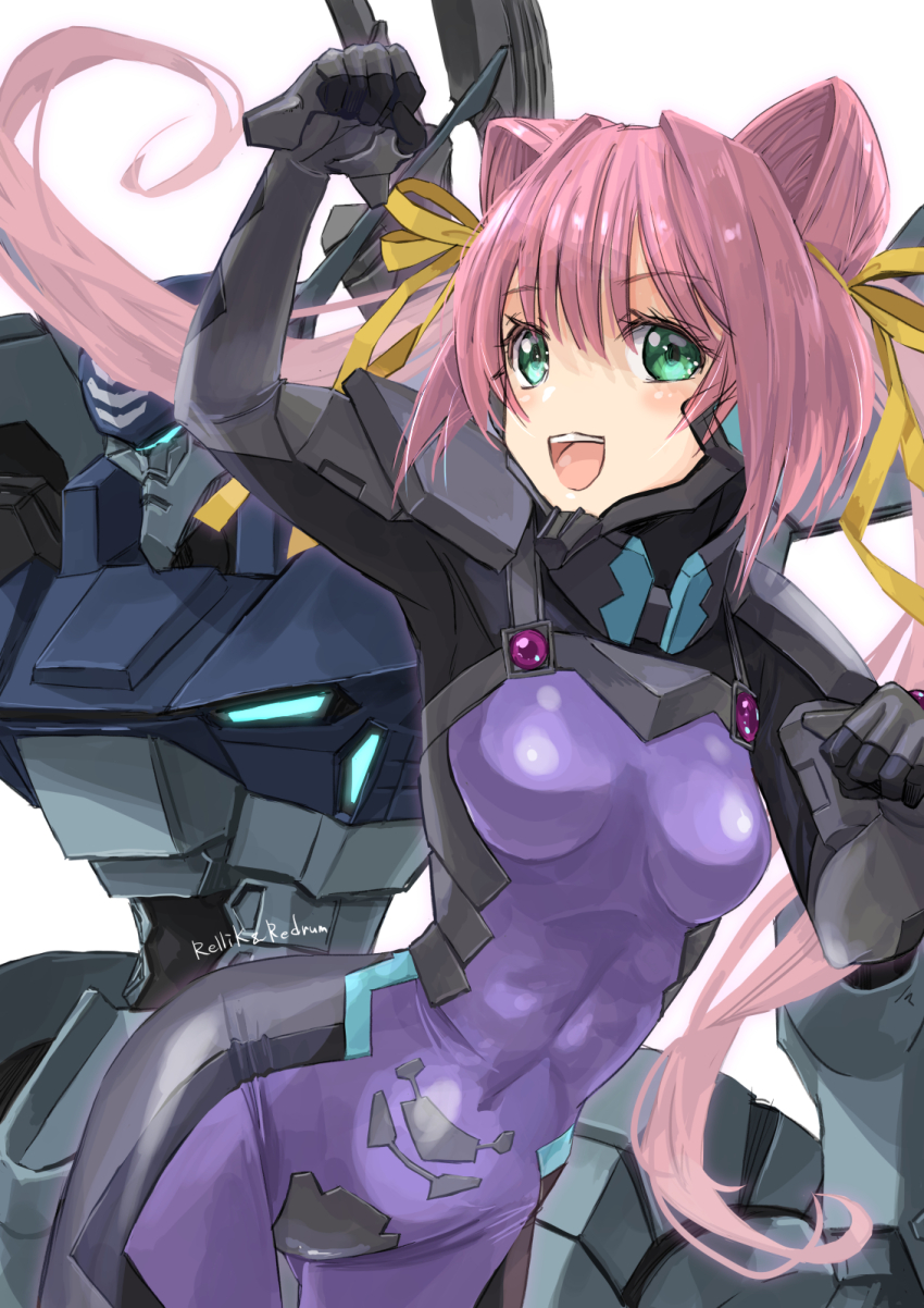 1girl armored_bodysuit artist_name blue_bodysuit blue_visor blush bodysuit covered_navel fortified_suit green_eyes hair_ears hair_intakes hair_ribbon highres impossible_bodysuit impossible_clothes jun_(rellik_&amp;_redrum) long_hair looking_at_viewer mecha mecha_pilot_suit muv-luv muv-luv_alternative open_mouth paw_pose pink_hair ribbon robot science_fiction skin_tight smile solo sword tactical_surface_fighter tamase_miki twintails type_94_shiranui weapon yellow_ribbon