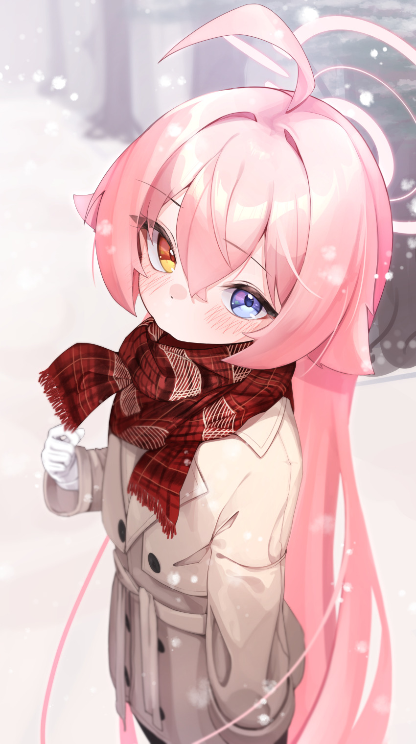 1girl absurdres ahoge artist_request blue_archive blurry blurry_background blush brown_coat coat depth_of_field gloves hair_between_eyes halo heterochromia highres hoshino_(blue_archive) long_hair long_sleeves looking_at_viewer pink_hair pink_halo plaid_clothes plaid_scarf red_scarf scarf snow snowing solo standing upper_body very_long_hair white_gloves winter winter_clothes winter_coat