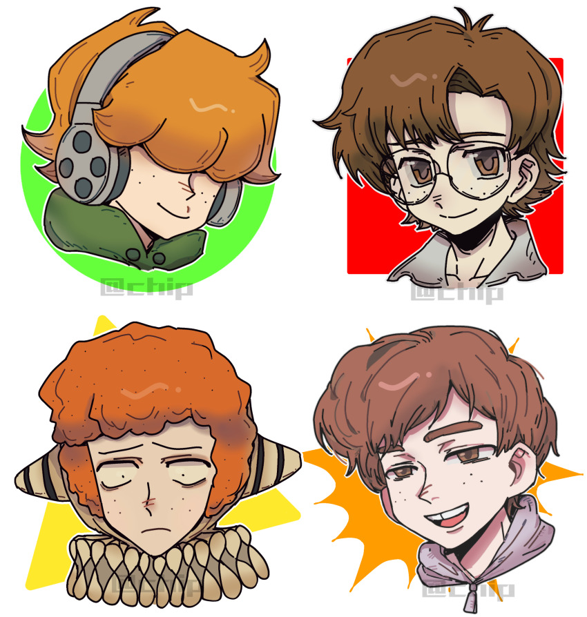 4boys absurdres aida_kensuke ben_freeling brief_(psg) brown_eyes brown_hair chinese_commentary clown commentary_request copyright_request crossover freckles glasses haunted_hotel headphones highres look-alike male_focus multiple_boys multiple_crossover neck_ruff neon_genesis_evangelion noecho orange_hair panty_&amp;_stocking_with_garterbelt portrait randal&#039;s_friends round_eyewear sebastian_de_tomato_smith_chicken_legs short_hair tooth_gap trait_connection white_background