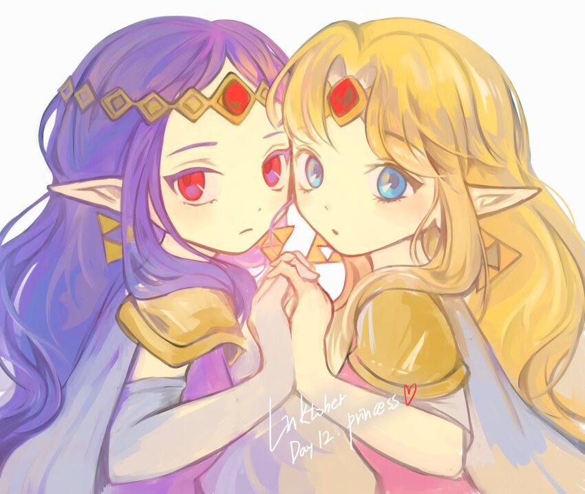 2girls :o armor blonde_hair blue_eyes blush cape cheek-to-cheek circlet closed_mouth commentary dated dress earrings elbow_gloves english_commentary english_text frown gem gloves hands_up heads_together heart highres holding_hands interlocked_fingers jewelry long_hair looking_at_viewer looking_to_the_side multiple_girls myon_(myonninn) nintendo parted_bangs parted_lips pauldrons pink_dress pointy_ears princess_hilda princess_zelda purple_dress purple_hair red_eyes red_gemstone shoulder_armor sidelocks simple_background the_legend_of_zelda the_legend_of_zelda:_a_link_between_worlds triforce upper_body white_background white_cape white_gloves