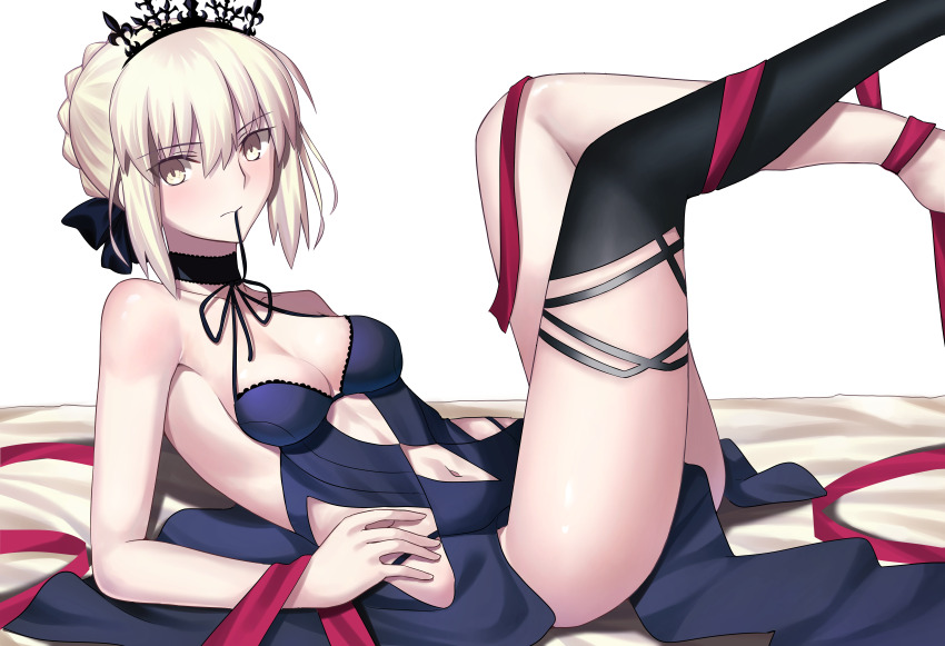 1girl absurdres artoria_pendragon_(fate) bare_arms bare_shoulders barefoot bed_sheet black_bow black_ribbon blonde_hair bow breasts collarbone crown dark_persona dress fate/grand_order fate_(series) full_body hair_between_eyes hair_bun high_waisted_gown highres legs_up longdq3008 looking_at_viewer navel neck_ribbon no_shoes on_bed recumbency red_ribbon ribbon saber_alter saber_alter_(third_ascension) short_hair single_hair_bun solo thighs yellow_eyes