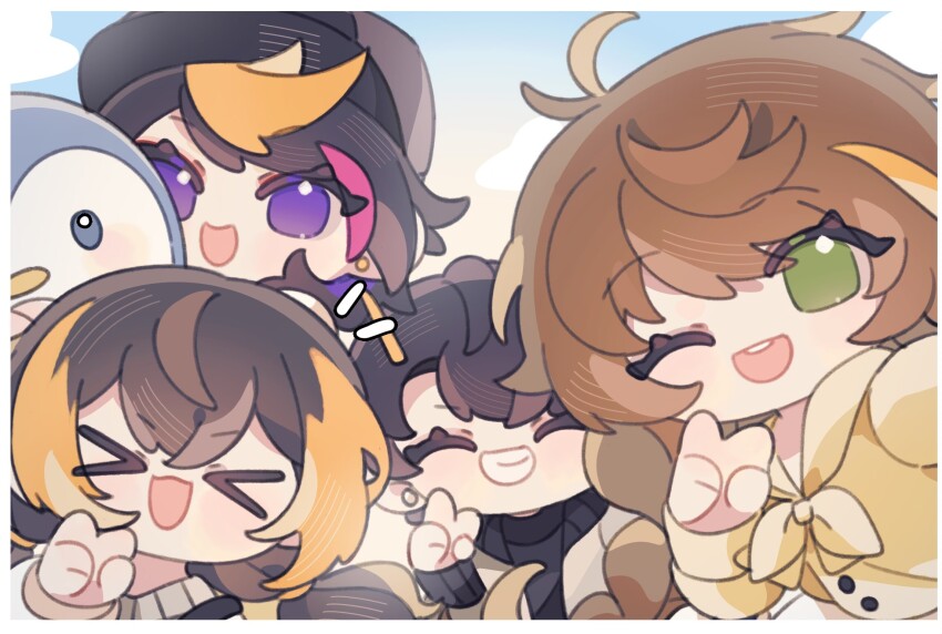 &gt;_&lt; 2boys 2girls ahoge amicia_michella bird black_hair blonde_hair brown_hair chibi closed_mouth green_eyes highres multicolored_hair multiple_boys multiple_girls nijisanji nijisanji_en nijisanji_id one_eye_closed open_mouth penguin petra_gurin purple_eyes reza_avanluna short_hair shu_yamino smile streaked_hair tagme virtual_youtuber yuyu_(yubuchimao)