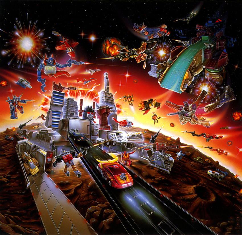 1980s_(style) aerialbot aerialbots afterburner aircraft aircraft_carrier airplane asteroid autobot axe battle beam_rifle black_car blades_(transformers) blast_off_(transformers) blurr_(transformers) box_art brawl_(transformers) breakdown_(transformers) broadside_(transformers) canopy_(aircraft) car clone combaticon concorde contrail crater decepticon divebomb_(transformers) dragstrip emblem energy_gun explosion f-4_phantom_ii fighter_jet fireflight firing grey_car groove gun headlight_beam headstrong_(transformers) helicopter highres holding holding_axe holding_gun holding_shield holding_sword holding_weapon hot_rod_(transformers) jeffrey_mangiat kup_(transformers) lion machinery mecha metroplex military_vehicle missile motor_vehicle motorcycle mountain mountainous_horizon no_humans octane_(transformers) official_art official_style oldschool open_mouth painting_(action) planet predacons_(g1) promotional_art protectobot ramp rampage_(transformers) ray_gun razorclaw_(transformers) realistic red_car red_eyes retro_artstyle robot scamper_(transformers) scan science_fiction sharp_teeth shield ship shockwave_(transformers) silverbolt sky space space_shuttle spacecraft spoiler_(automobile) sports_car springer_(transformers) star_(sky) starry_sky stunticon swindle_(transformers) sword tank tank_truck tantrum_(transformers) teeth traditional_media transformation transformers transformers:_generation_1 truck trypticon uh-1_iroquois ultra_magnus warship watercraft weapon white_car wildrider windshield yellow_car yellow_eyes yellow_sky