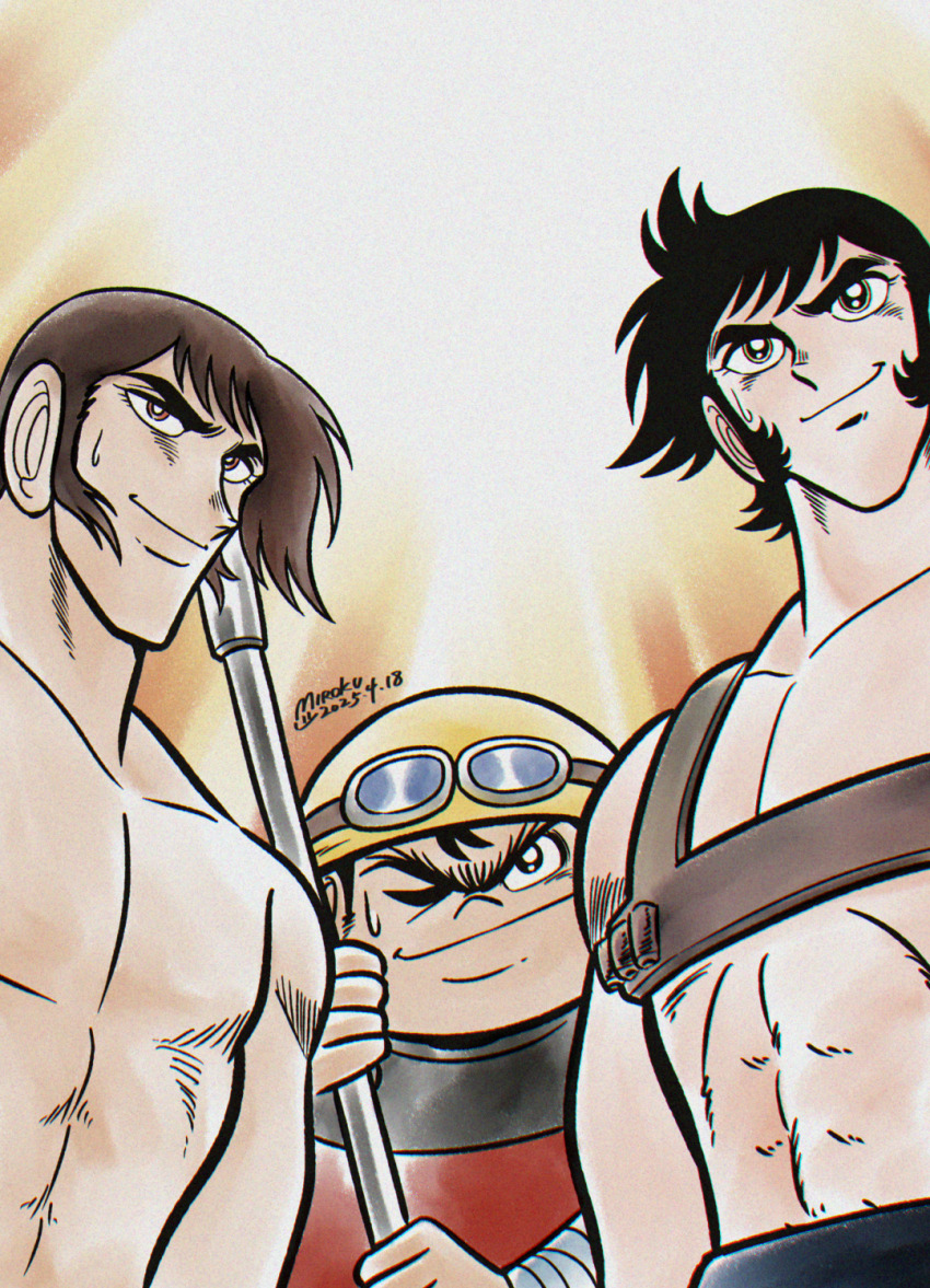 1970s_(style) 2025 3boys armor belt_bra black_eyes black_hair bright_pupils brown_eyes brown_hair chest_strap dated dou getter_robo getter_robo_(classic) goggles goggles_on_headwear helmet highres holding holding_lead_pipe ishikawa_ken_(style) japanese_armor jin_hayato lead_pipe looking_at_viewer male_focus miroku_(miroku_t) multiple_boys musashi_tomoe muscular muscular_male nagare_ryoma official_style oldschool one_eye_closed retro_artstyle short_hair sideburns smile sunburst sweatdrop topless_male upper_body white_pupils yellow_helmet