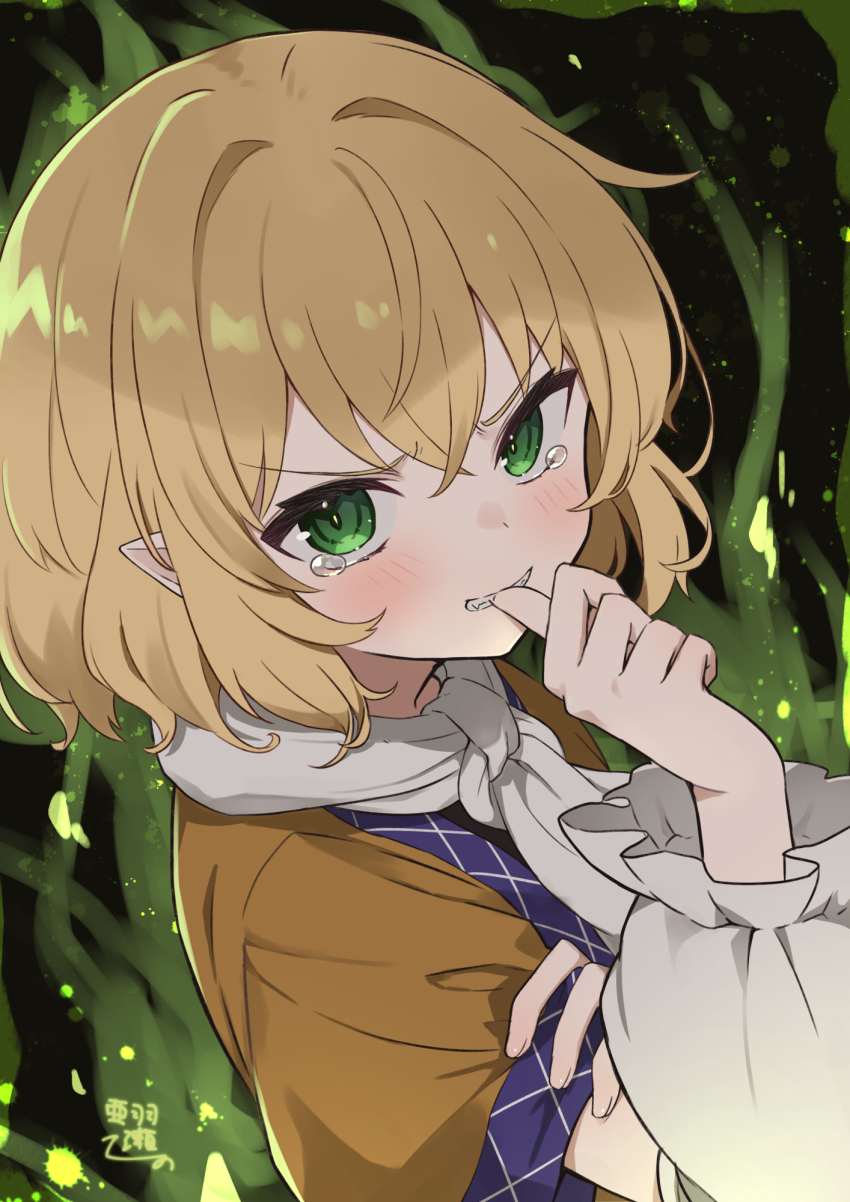 1girl ahase_hino arm_warmers biting biting_own_thumb blonde_hair blush brown_shirt commentary from_side green_eyes hair_between_eyes hair_intakes highres looking_at_viewer mizuhashi_parsee open_mouth pointy_ears scarf shirt short_hair short_sleeves solo tearing_up teeth touhou upper_body white_scarf