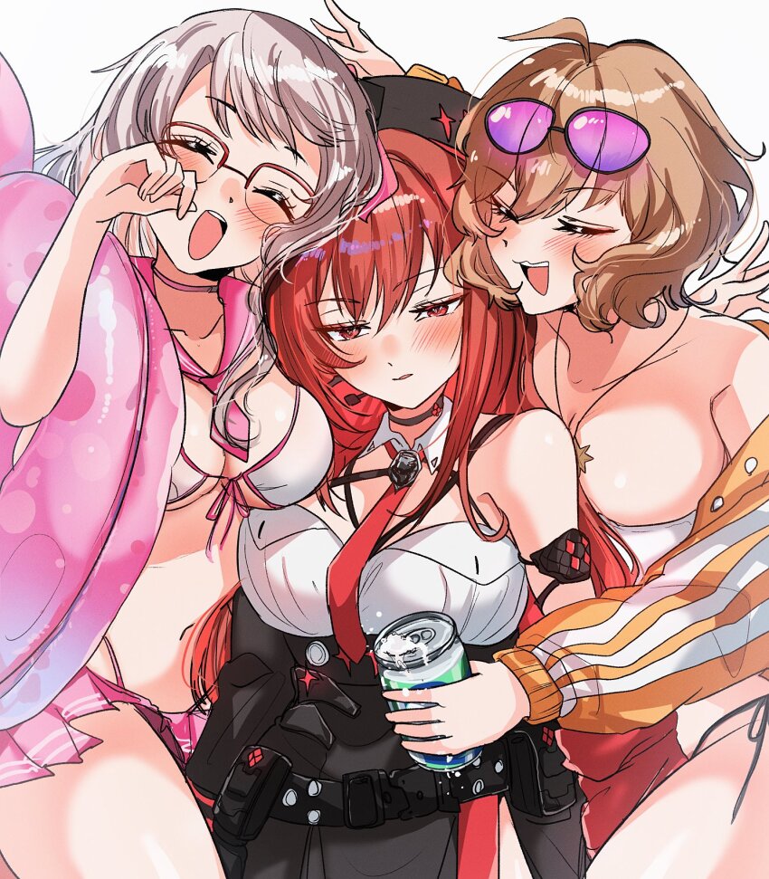3girls anis_(nikke) anis_(sparkling_summer)_(nikke) bikini can counters_(nikke) drink_can eyewear_on_head front-tie_bikini_top front-tie_top goddess_of_victory:_nikke highres holding holding_can holding_swim_ring innertube multiple_girls neon_(blue_ocean)_(nikke) neon_(nikke) official_alternate_design official_alternate_hair_color over-rim_eyewear pink-tinted_eyewear pink_innertube pink_sailor_collar rapi_(nikke) rapi_(red_hood)_(nikke) sailor_collar semi-rimless_eyewear soda_can swim_ring swimsuit tinted_eyewear white_bikini yuyuy_00