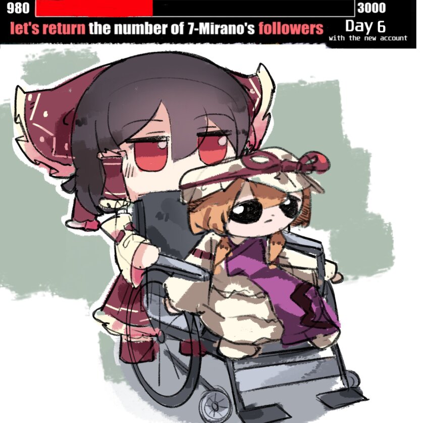 2girls 7-mirano artist_name black_hair bow closed_mouth detached_sleeves english_text fumbo_(doll) fumo_(doll) green_background hair_bow hakurei_reimu hat highres light_blush meme mob_cap multiple_girls pushing red_bow red_eyes simple_background sitting standing touhou walking wheelchair white_background yakumo_yukari